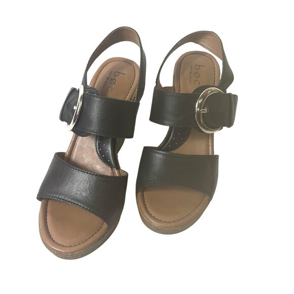 b.o.c Born Womens 7M Wedge Heel Sandals Leather Black Casual Sling Back Open Toe - Picture 2 of 12